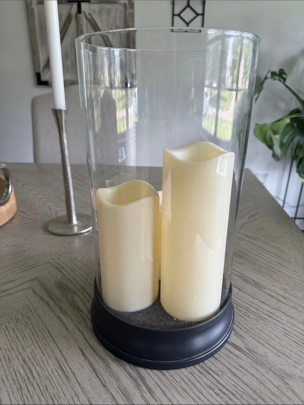 GLASS HURRICANE CANDLE HOLDER WITH 3 FLAMELESS CANDLES